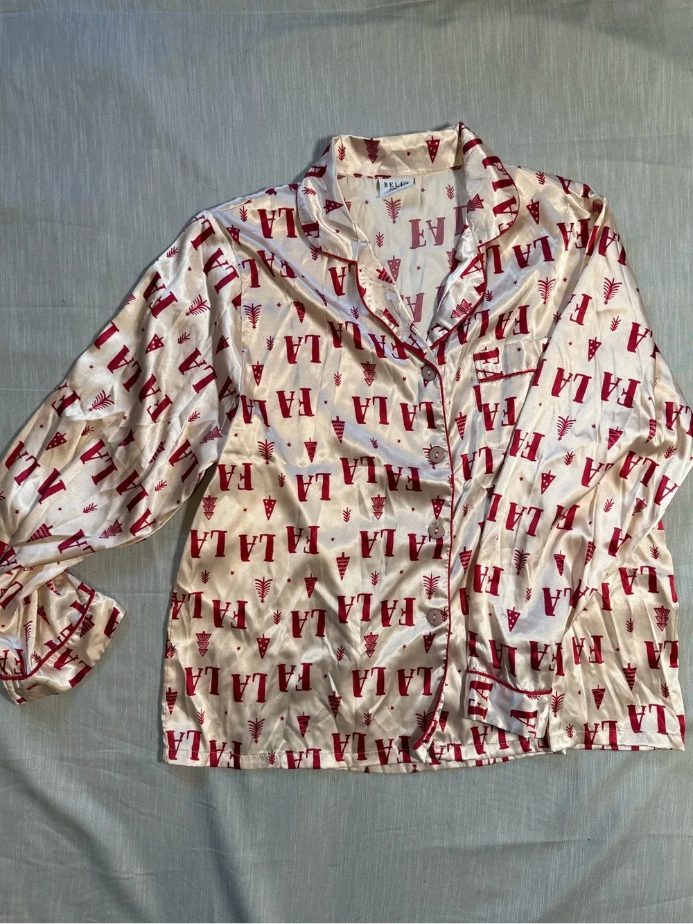 Bella Satin Pajama Set Champagne Light Pink Red Fa La La Christmas PJs - Picture 2 of 3